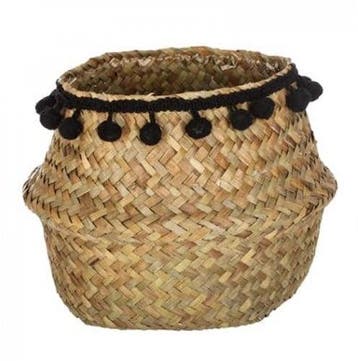 Mand Zeegras met zwarte pompoms per stuk 16x14 cm, Nieuw