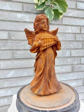 Beeld, engel met vleugels en panfluit - 29 cm - Gietijzer