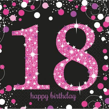 Servetten 18 Jaar Happy Birthday Roze 33cm 16st, Hobby en Vrije tijd, Feestartikelen, Verzenden, Nieuw