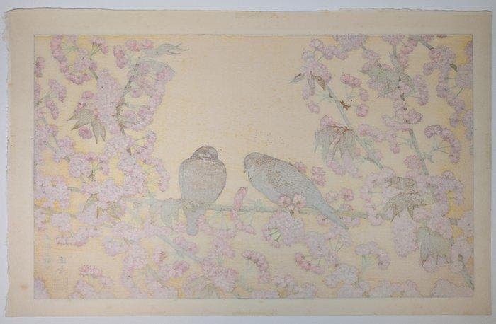Toshi Yoshida - Vreugde van de vroege lente (Duiven en, Antiquités & Art, Antiquités | Autres Antiquités