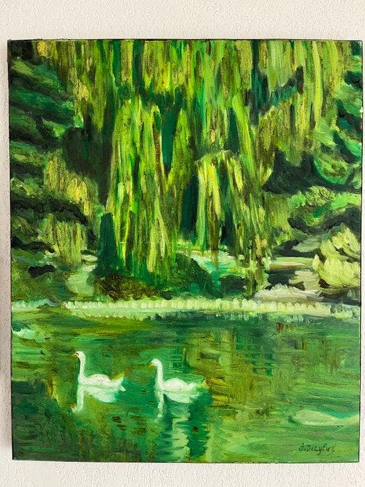 Jérôme Dreyfus (XX-XXI) - Les deux cygnes au Parc Borély, Antiek en Kunst, Kunst | Schilderijen | Klassiek