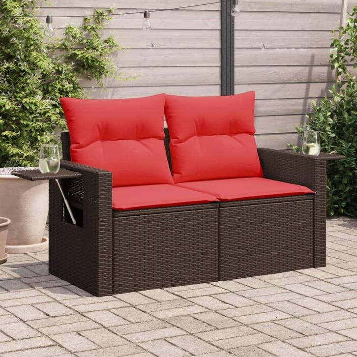 vidaXL Tuinbank met kussens 2-zits poly rattan bruin, Jardin & Terrasse, Ensembles de jardin, Envoi
