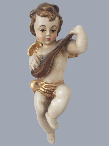 Snijwerk, Holzfigur - farbiger Engel mit Mandoline -