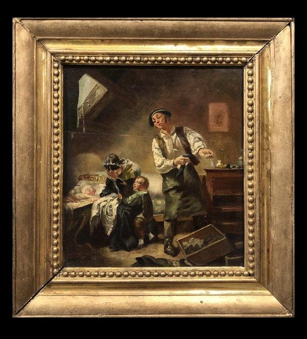 École Réaliste Française (c. 1850) - LEnfant Malade, Antiek en Kunst, Kunst | Schilderijen | Klassiek