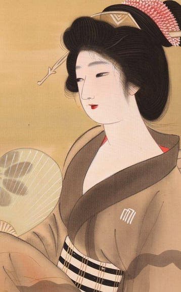 Très belle peinture Bijin Enjoying Summer Breeze, signée -, Antiquités & Art