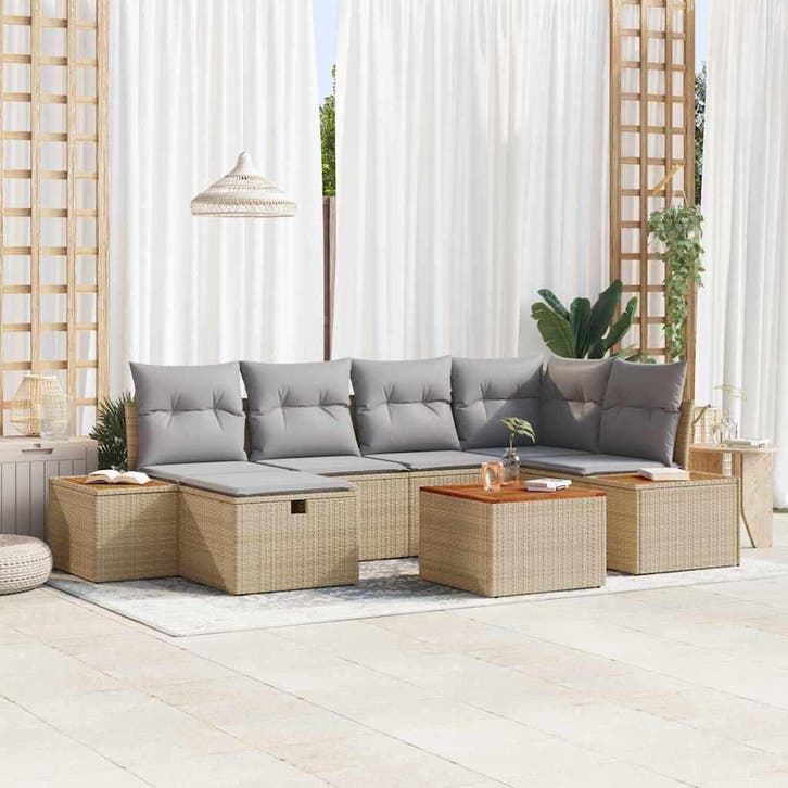 vidaXL Tuinbank Set met kussen 7 pcs Beige poly rattan, Tuin en Terras, Tuinsets en Loungesets, Nieuw, Verzenden