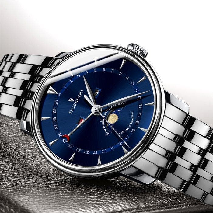 Tecnotempo - Calendar & Moon Phase - 40mm - - Sans prix de, Handtassen en Accessoires, Horloges | Heren