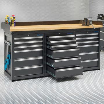 Datona Werkbank PRO met eiken werkblad en 18 lades - 200 cm, Ophalen of Verzenden