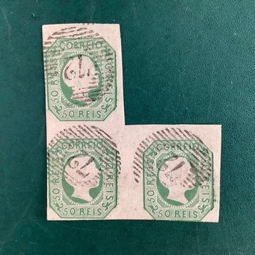 Portugal 1855 - 50 Reis D. Pedro V en bloc de trois avec, Gestempeld