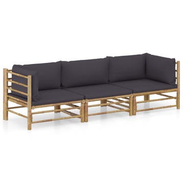 vidaXL 3-delige Loungeset met donkergrijze kussens bamboe, Verzenden, Nieuw, Loungeset