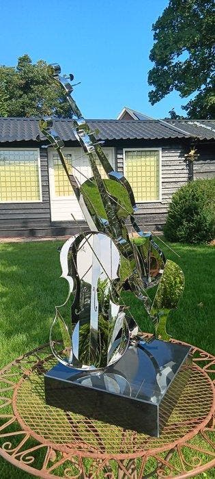 Sculpture, verzilverde metalen viool 3 dimensionaal handmade