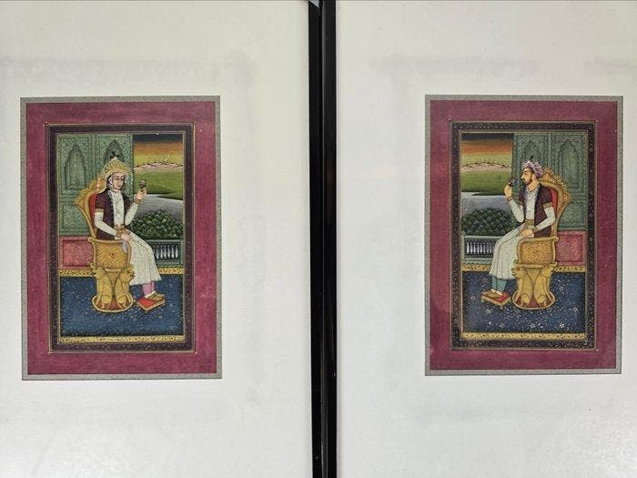Miniatuurschilderingen Shah Jahan en Mumtaz Mahal - India -, Antiek en Kunst, Kunst | Niet-Westerse kunst