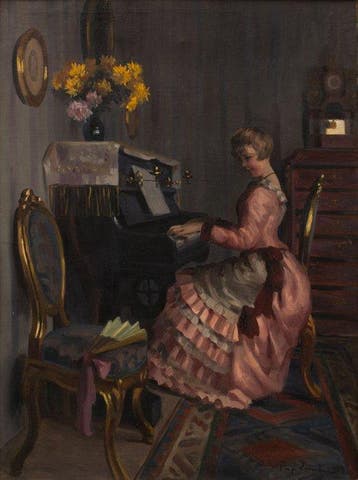 Emil Pap (1884–1949) - Young Lady Playing The Piano, Antiek en Kunst