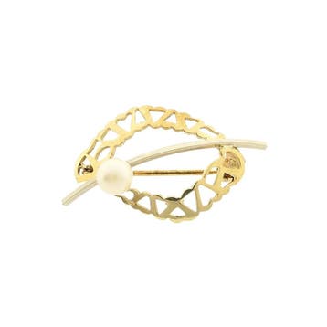 Vintage bicolor gouden broche met parel, Handtassen en Accessoires, Broches, Gebruikt, Ophalen of Verzenden, Met edelsteen, Goud