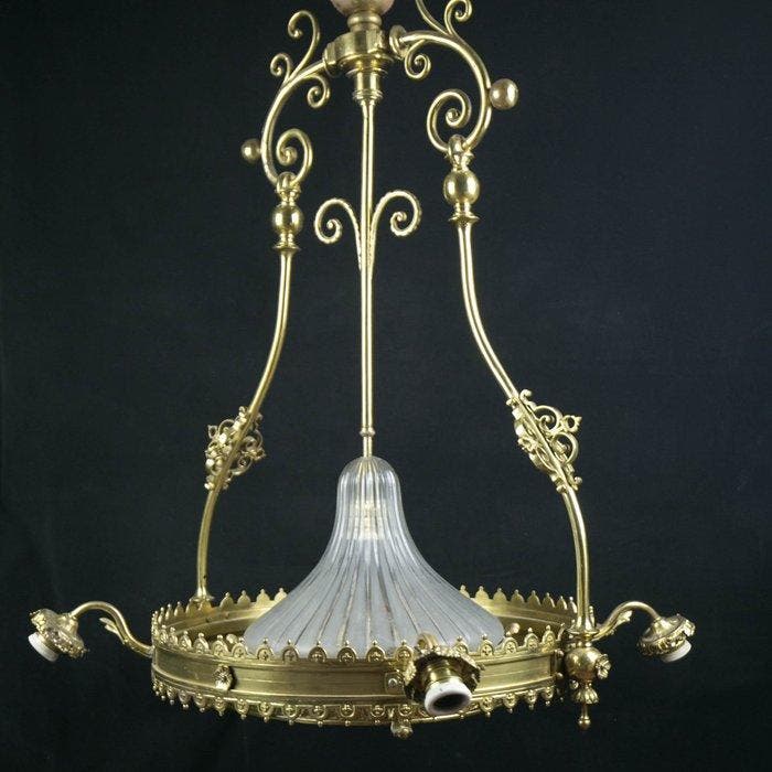 Lustre - Très grand lustre Art nouveau, 81 cm - Laiton,, Antiquités & Art, Art | Objets design