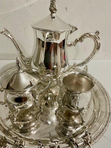 Verzilverde Theeservies met dienblad lepels - Service à thé, Antiek en Kunst
