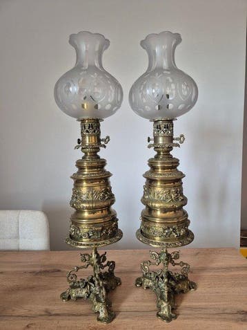 Lampe de table (2) - Verre, Laiton, Bronze - Lampe à
