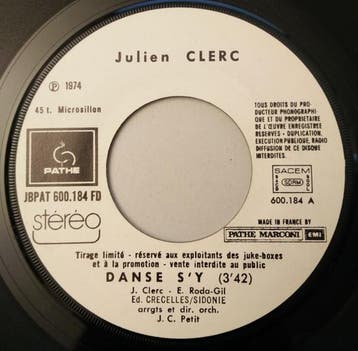Julien Clerc - Danse Sy / Sans Toi, Verzenden