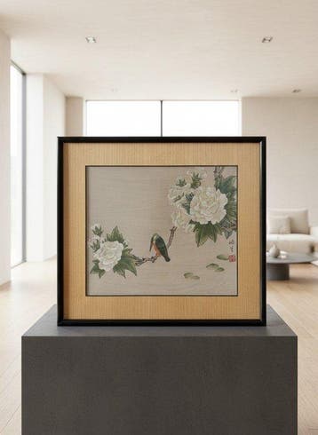 Vogel en pioenrozen - Zijde, Onbekend - China - 20e eeuw
