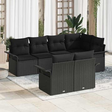 vidaXL Tuinbank Set met kussen 7 pcs Zwart poly rattan, Verzenden