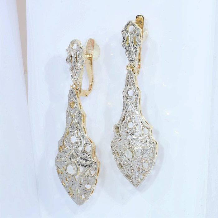 Oorbellen - 18 karaat Geel goud, Witgoud - Diamant - Vintage, Handtassen en Accessoires, Oorbellen