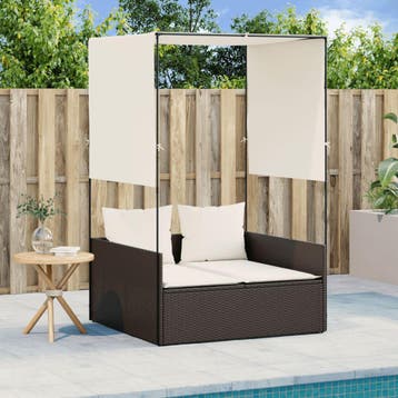 vidaXL Ligbed tweepersoons met dak en gordijn poly rattan, Verzenden