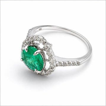Ring Witgoud 16,8 kt - 1.35ct. tw. Smaragd - Diamant -