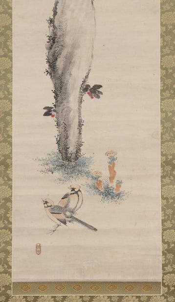 Very fine painting Birds, flowers and rock, signed -