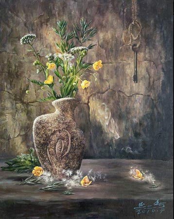 Xu Yanchun - Wildflowers and Key in a Stone Vase, Antiek en Kunst