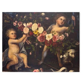 Spaanse school (XVII) - Guirnalda floral con el Niño Jesús y, Antiek en Kunst