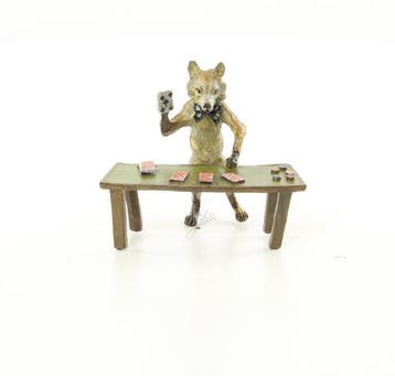 Beeld, Vos met kaartspel - 9.5 cm - Brons, Antiek en Kunst