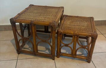 Set bijzettafels - Bamboe, Rattan, Hout - Twee vintage, Antiek en Kunst