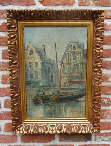 Vlaamse school (XX) - Grachtenzicht met boot Brugge / Gent