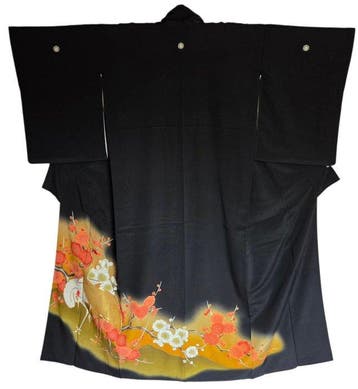 Japanse vintage zwarte zijden tomesode-kimono met goud