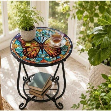 Butterfly Mosaic Side Table – Decorative Iron Frame Patio