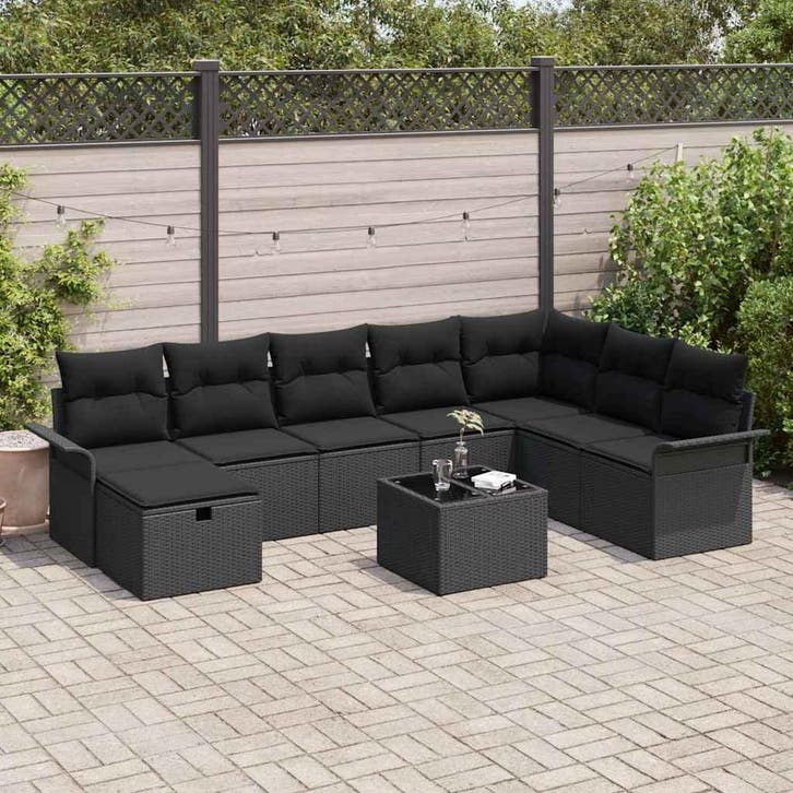 vidaXL Tuinbank Set met kussen met opslag 9 pcs Zwart Poly, Tuin en Terras, Tuinsets en Loungesets, Nieuw, Verzenden