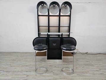 Bar - Métal, Verre, Cuir, Bois - Bar mobile avec tabourets