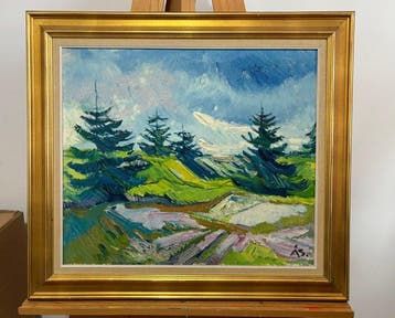 Aage Strand (1910-1975) - Große Gebirgs- und Waldlandschaft, Antiek en Kunst