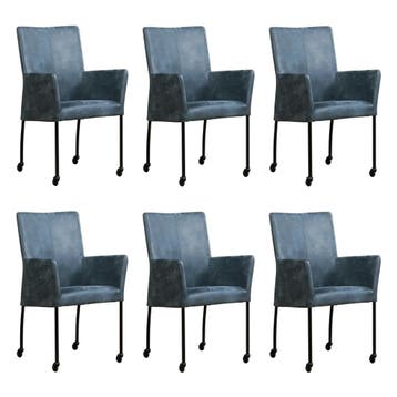 Set van 6 Leren eetkamerstoelen Comfort met wieltjes en, Huis en Inrichting, Ophalen of Verzenden, Nieuw, Leer, Eén