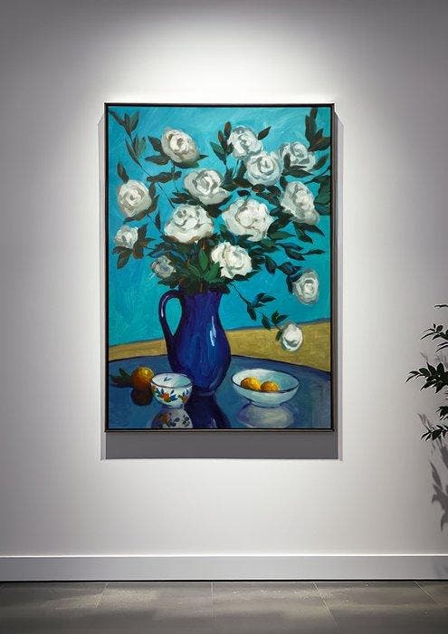 E. García - Bodegón azul con rosas XL (no reserve), Antiek en Kunst, Kunst | Schilderijen | Modern