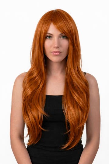 KIMU® Luxe Lange Koper Oranje Pruik Haar Schuine Pony Bruin, Kleding | Dames, Ophalen of Verzenden, Nieuw