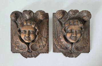 2 Handgesneden snijwerken - Snijwerk, engel/cherubijn/putto, Antiek en Kunst