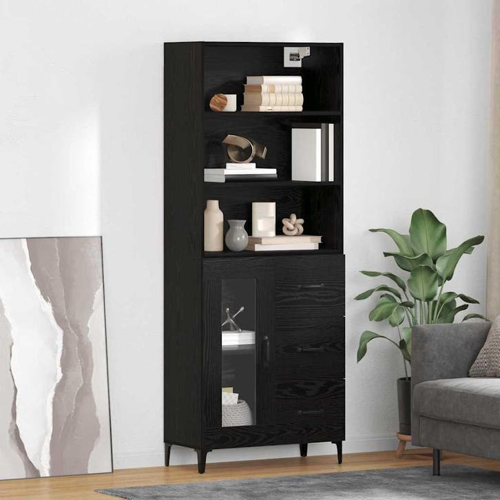 vidaXL Highboard met lade Zwart Eiken 69,5 x 34 x 180 cm, Huis en Inrichting, Kasten | Dressoirs, Nieuw, Verzenden