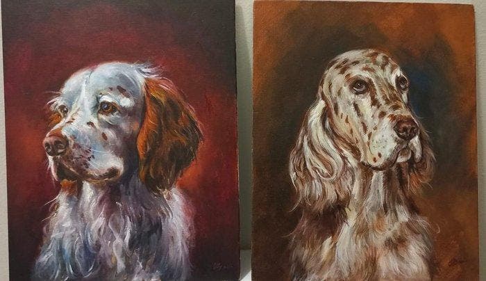 Massimo Brusadin - Anime Nobili – Coppia di Setter Inglesi, Antiquités & Art, Art | Peinture | Moderne