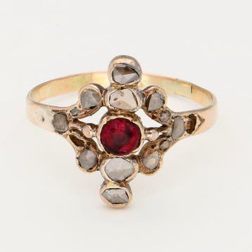 Ring - 14 karaat Geel goud Diamant (Natuurlijk) - Granaat, Handtassen en Accessoires, Ringen, Nieuw