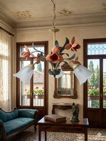 Eurolamp - Plafondlamp - 3 armen - Opaline glas, Smeedijzer
