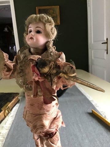 Antique - Poupée 1909 Bisque Head Clockwork Automaton Doll