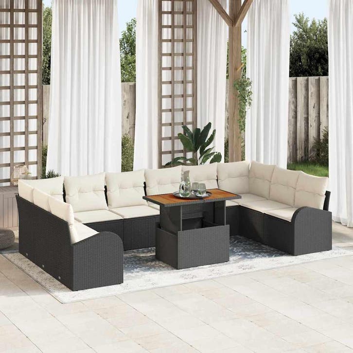 vidaXL Tuinbank Set met opslag 11 pcs Zwart Poly rattan, Tuin en Terras, Tuinsets en Loungesets, Nieuw, Verzenden