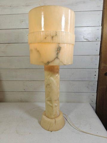 Alabaster Tafellamp Handgesneden Don Quichot & Rocinante, Nieuw