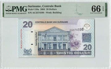 2004 Suriname 20 Dollars Pick 159a Pmg Gem Unc 66 Epq, Postzegels en Munten, Verzenden, België